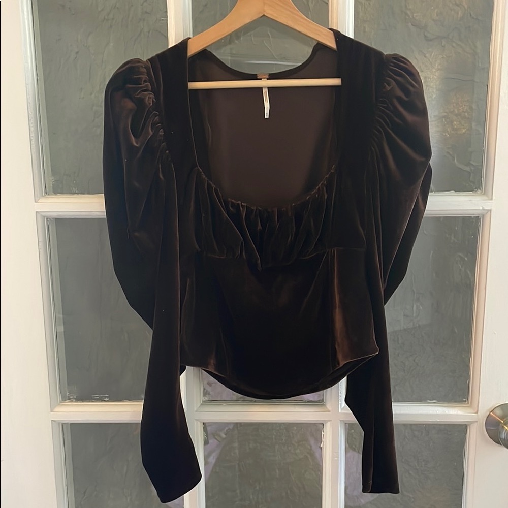 Free People Brown Sweetheart Puff Sleeve Blouse